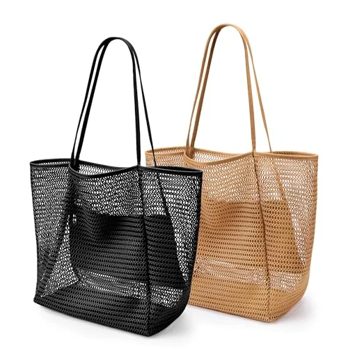Mesh Beach Tote, Black Khaki