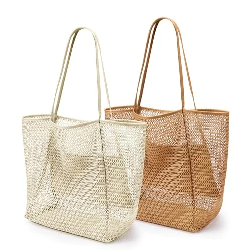 Mesh Beach Tote, Beige Khaki