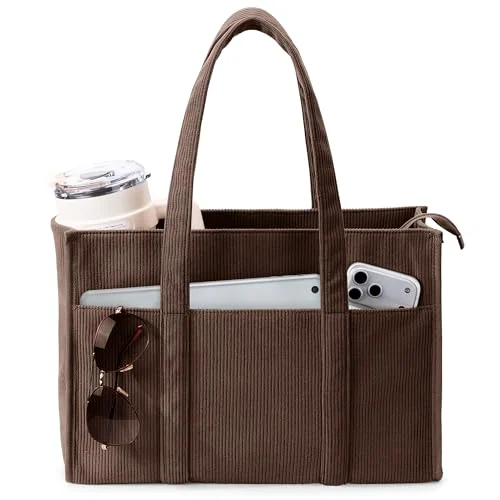 Corduroy Tote Bag, cup holder, Coffee, Large